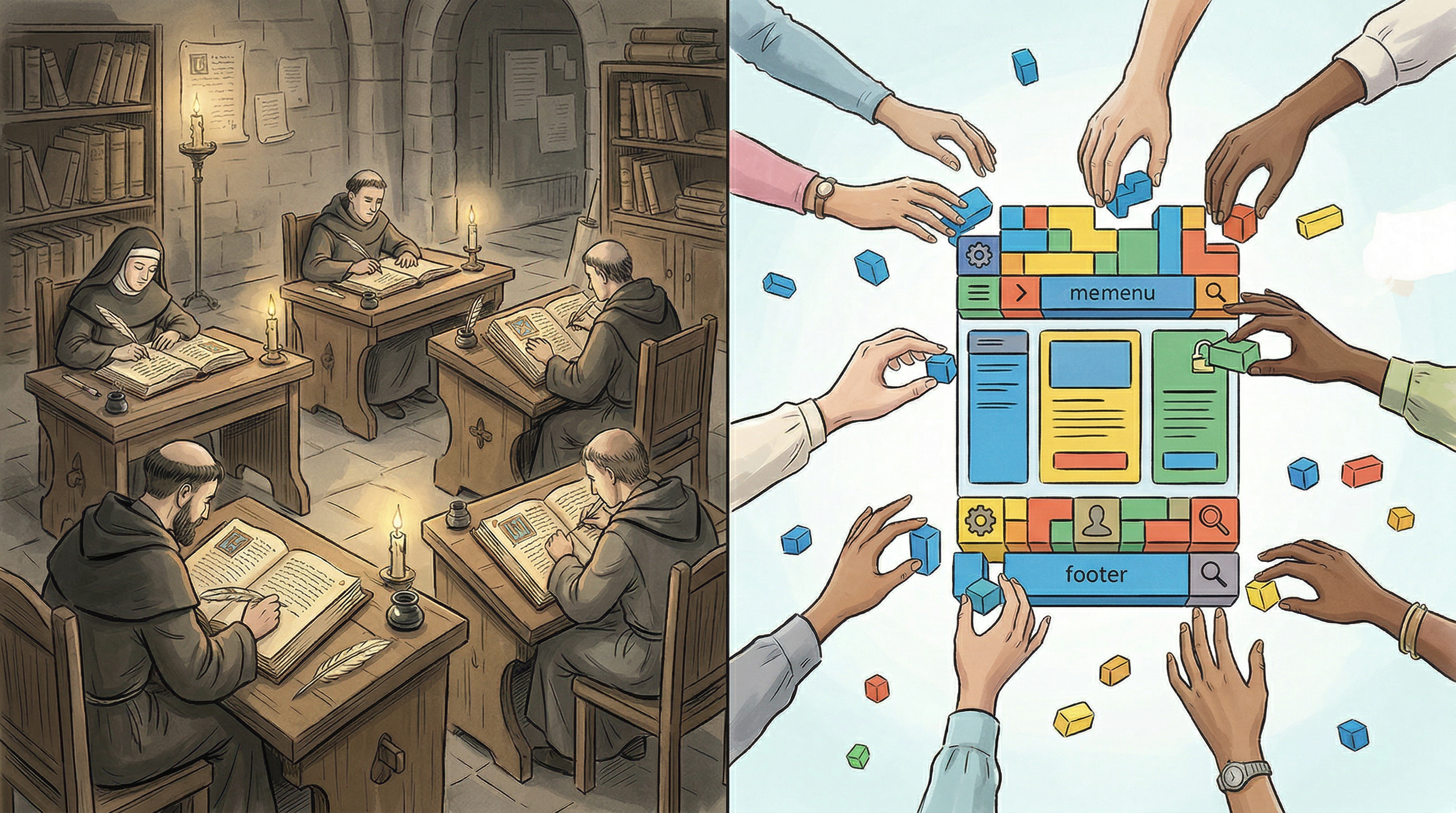 Left: scribes working alone on complete manuscripts. Right: many hands collaboratively assembling components into a single design.