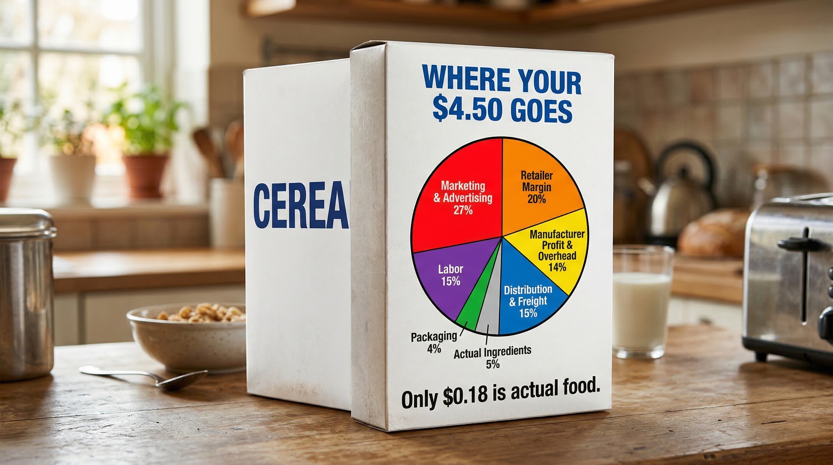 Generic cereal box showing pie chart: Where Your dollar goes
