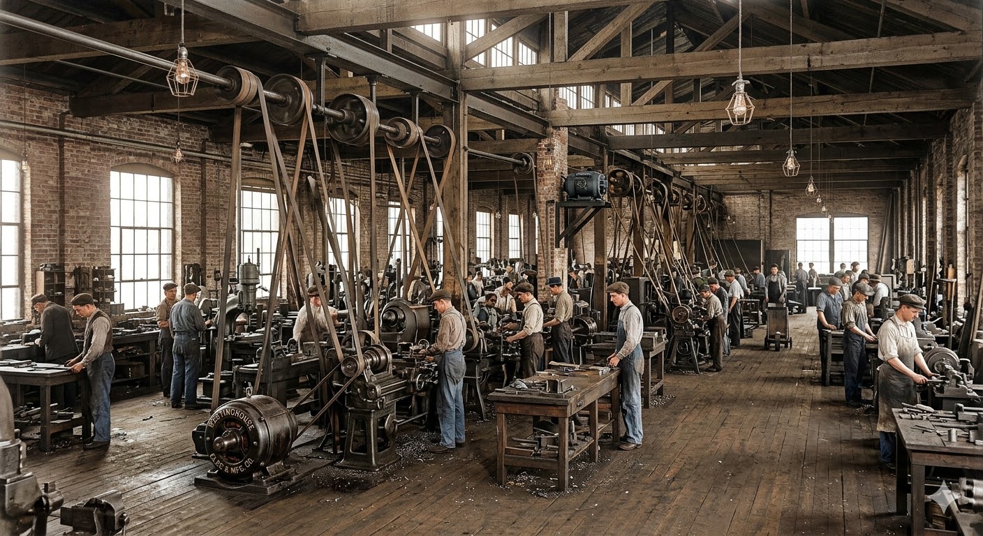 Stage 2 factory: multiple group motors visible, belt-and-shaft system broken into independent zones