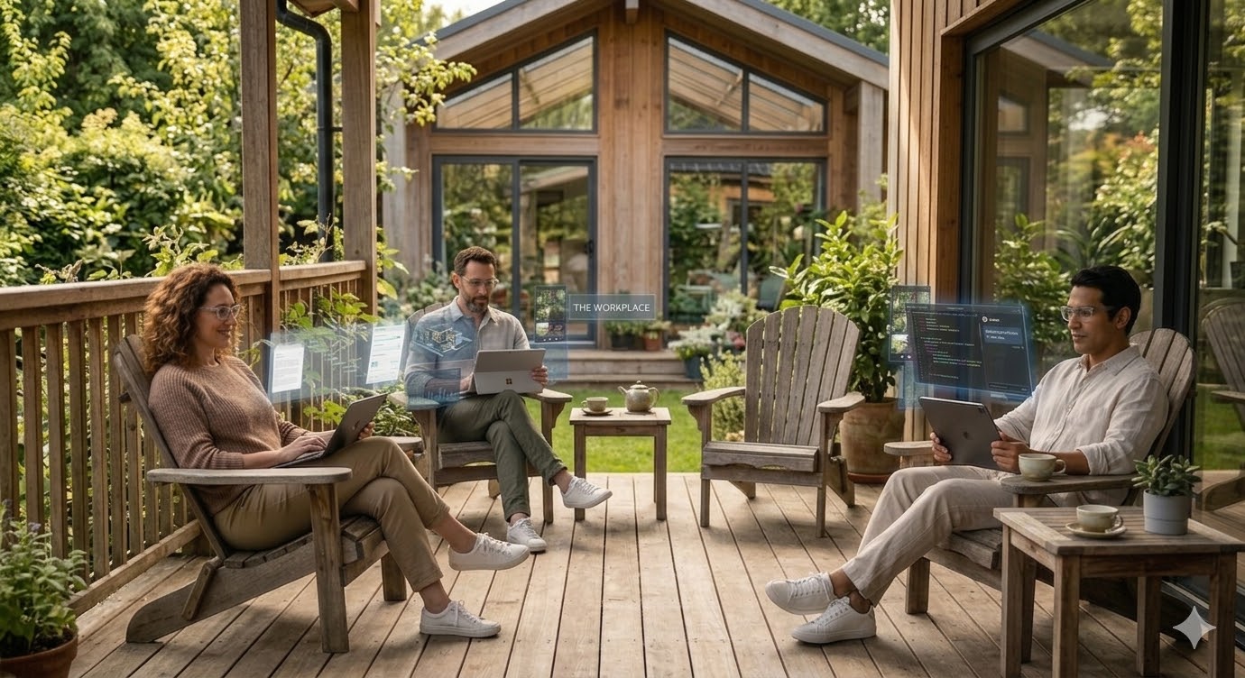 A man and woman working on a porch with tablets and AR glasses projecting holographic screens