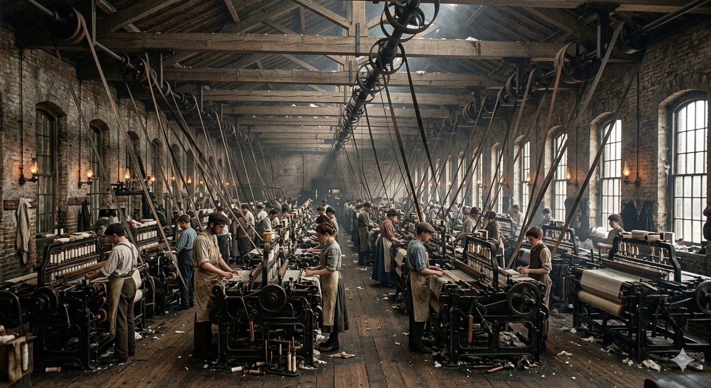 Steam-era factory floor with overhead belt-and-pulley drive system