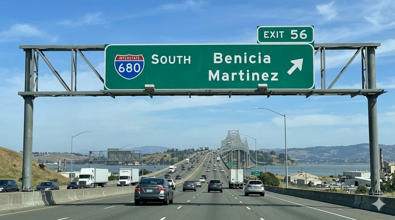 Interstate 680 South highway sign showing the Benicia and Martinez exit, Exit 56