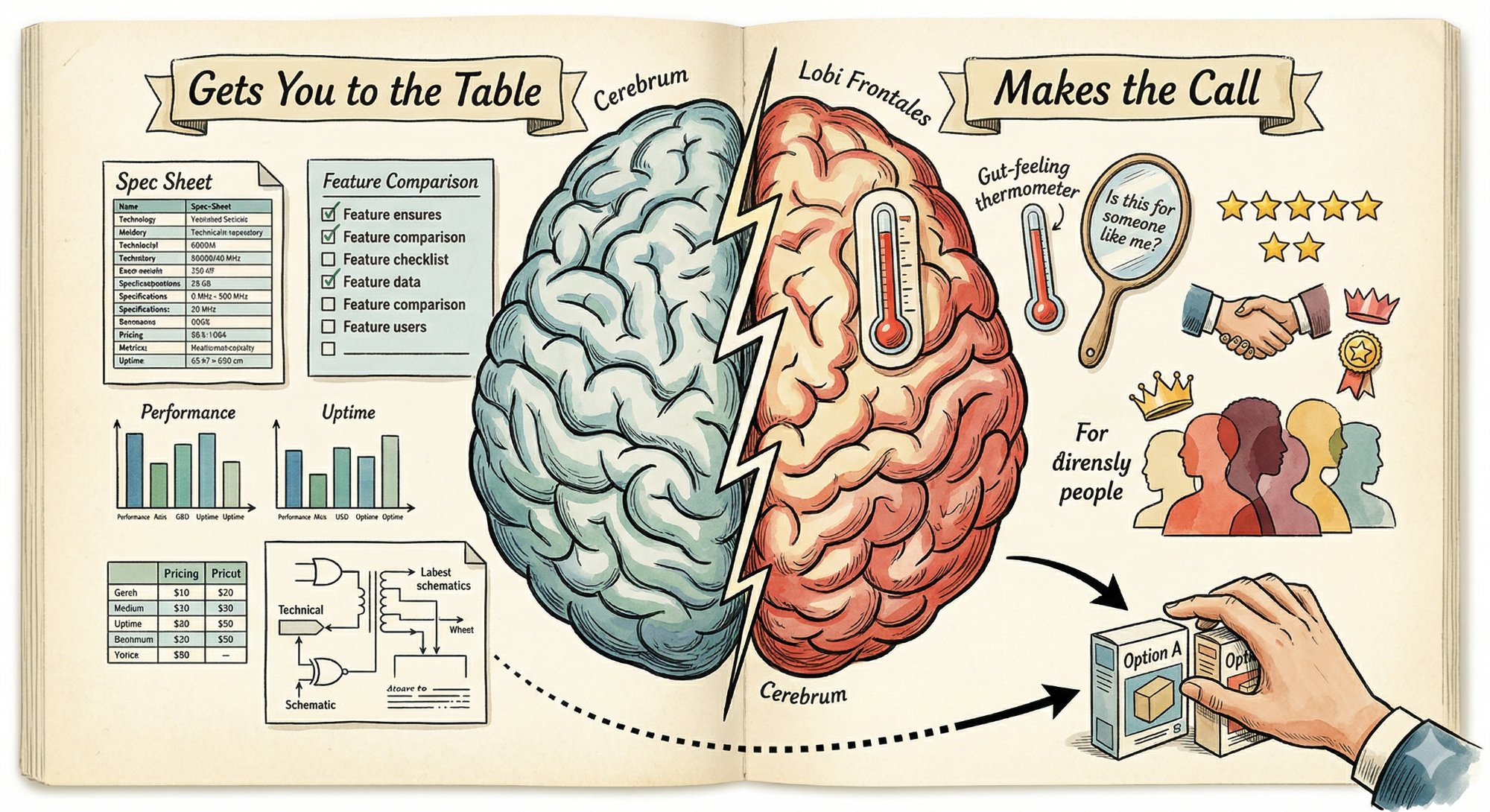 Anatomical illustration of a brain split by a lightning bolt — the left hemisphere shows spec sheets and data, the right shows gut feelings, trust, and identity — with a hand reaching for a product from the emotional side